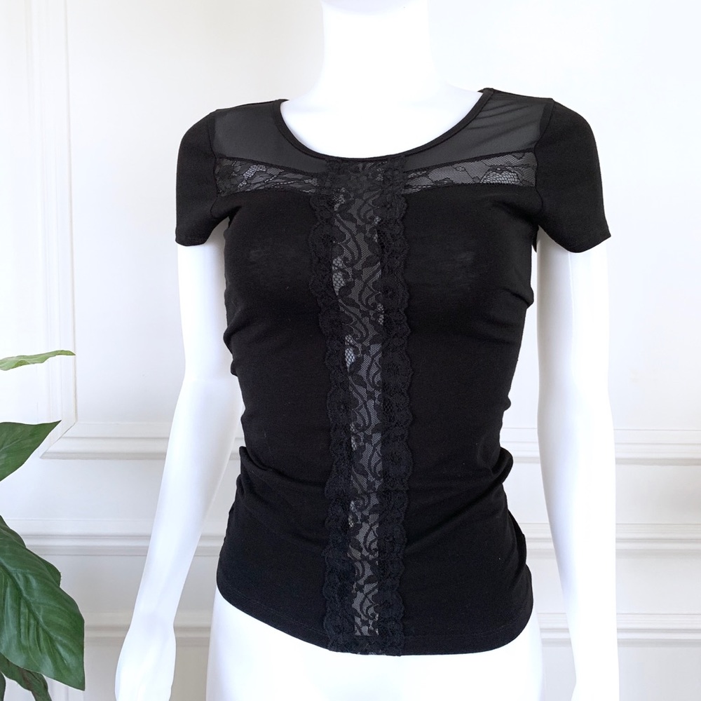 NWOT Black Sheer Lace Mesh Cutout Fitted Tee Shirt - Picture 5 of 9